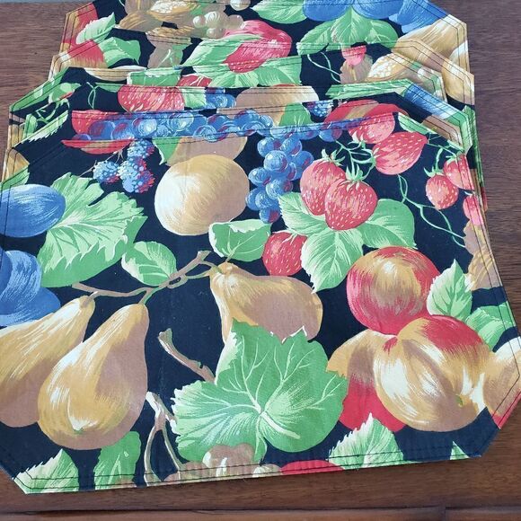 Set of 6 Black Multi color Rectangular Fruit Placemats - Picture 2 of 7